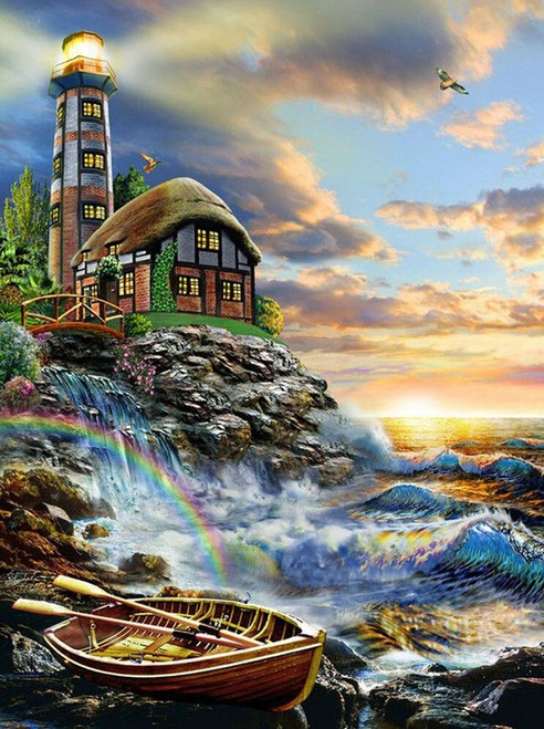 5D Diamond Painting Row Boat by the Light House Kit