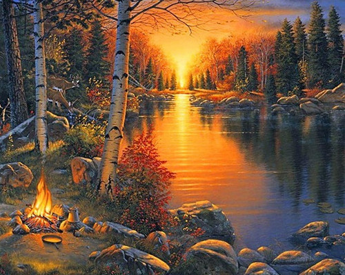 5D Diamond Painting Stream Side Camp Fire Kit