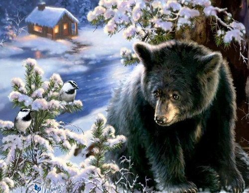 5D Diamond Painting Bear and Birds in the Snow Kit