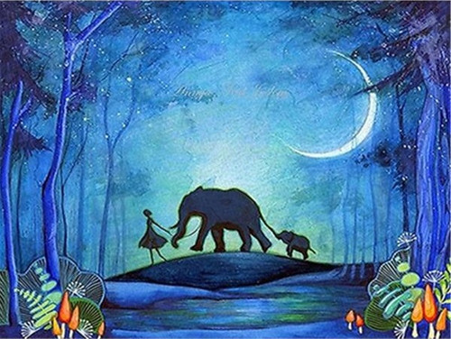 5D Diamond Painting Girl and Elephants Moonlight Silhouette Kit