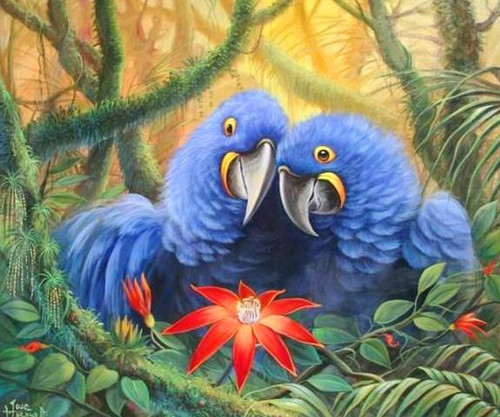 5D Diamond Painting Two Blue Parrots and a Flower Kit