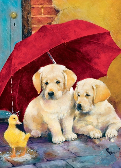 5D Diamond Painting Two Puppies Under a Red Umbrella Kit