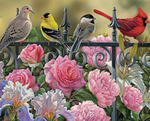 5D Diamond Painting Birds on a Wrought Iron Fence Kit