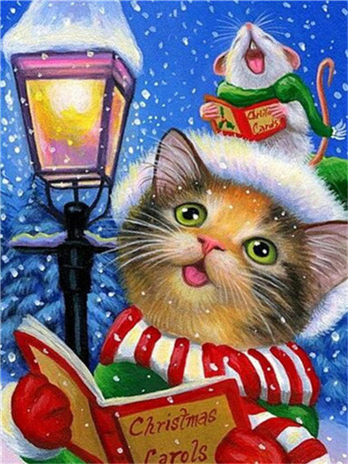 5D Diamond Painting Christmas Cat and Mouse Carols Kit