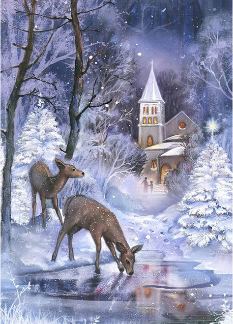 5D Diamond Painting White Church and Deer Kit