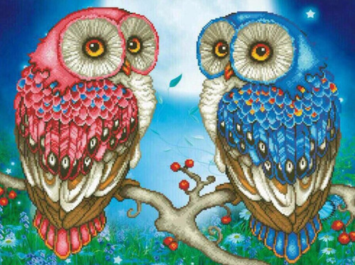 5D Diamond Painting Pink and Blue Owls on a Branch Kit