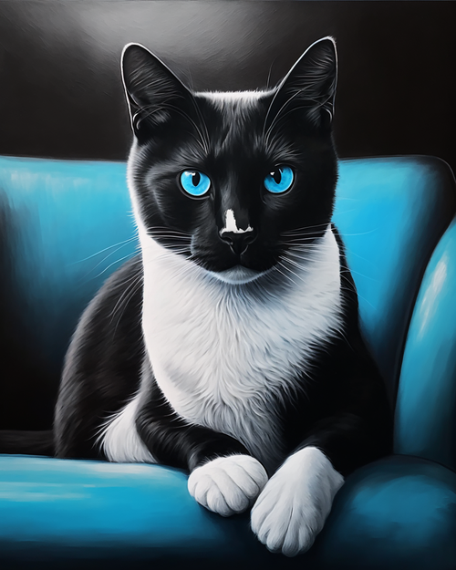 5D Diamond Painting Black and White Cat Blue Sofa Kit