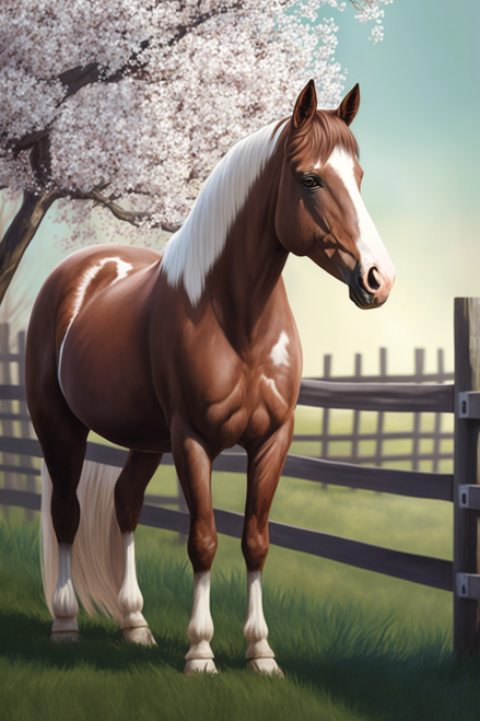 5D Diamond Painting Brown and White Horse Cherry Blossoms Kit