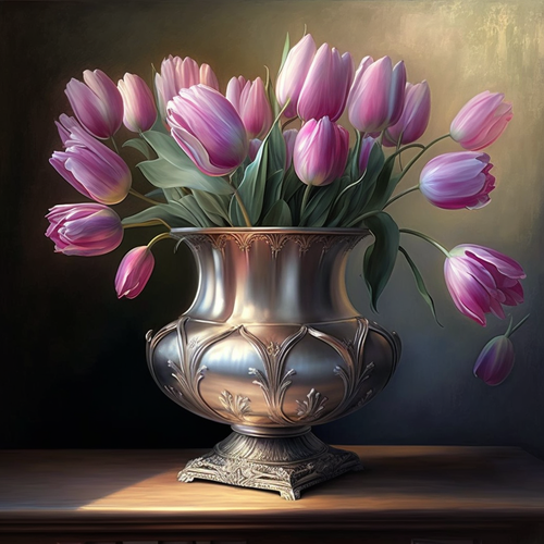 5D Diamond Painting Silver Vase of Pink Tulips Kit