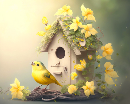 5D Diamond Painting Yellow Bird and Flowers Birdhouse Kit