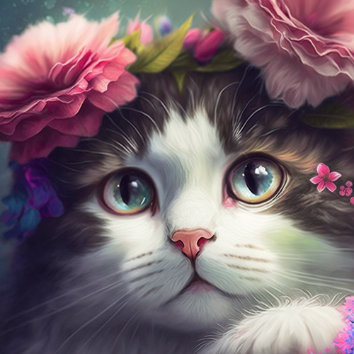 5D Diamond Painting Pink Flower Crowned Cat Kit