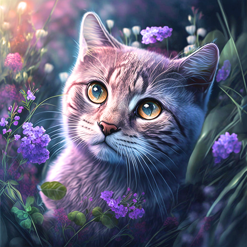 5D Diamond Painting Purple Flower Cat Kit
