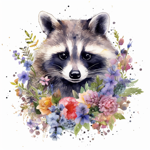 5D Diamond Painting Raccoon in Flowers Kit