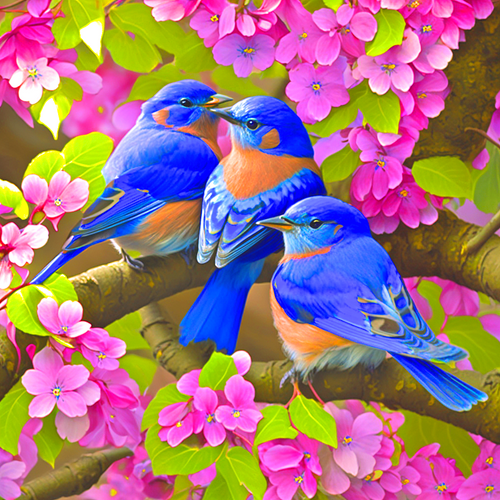 5D Diamond Painting Three Little Blue Birds in Pink Blossoms Kit