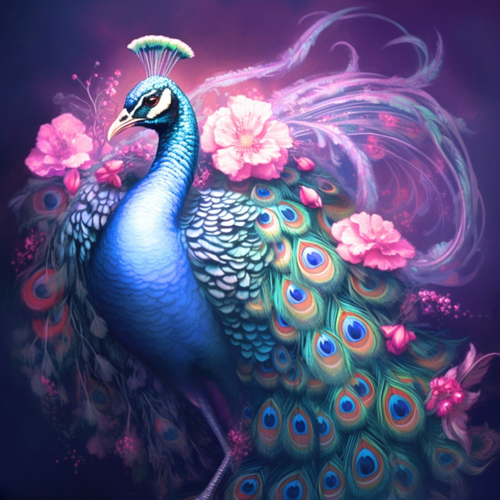 5D Diamond Painting Peacock in Pink Flowers Kit