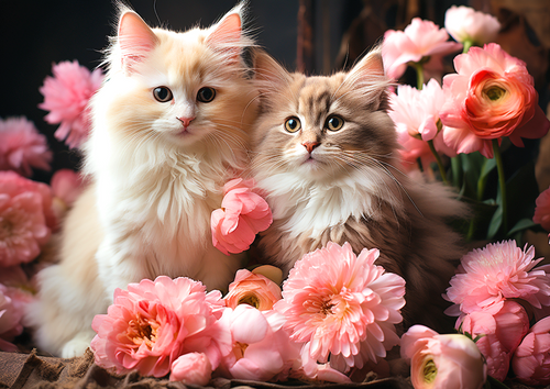 5D Diamond Painting Pink Flower Cats Kit