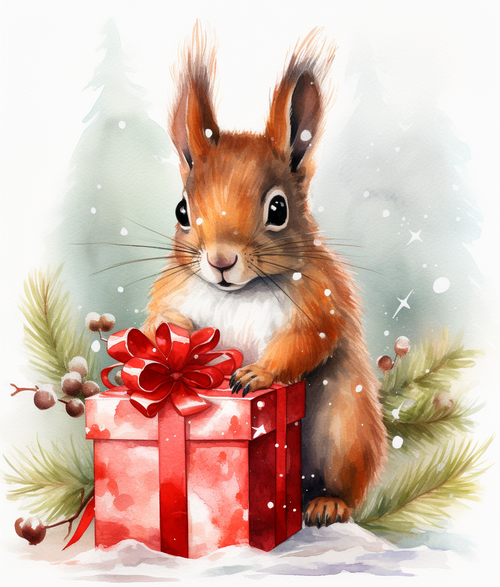 5D Diamond Painting Red Christmas Present Squirrel Kit