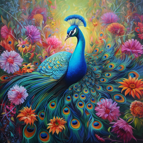 5D Diamond Painting Abstract Peacock in Flowers Kit