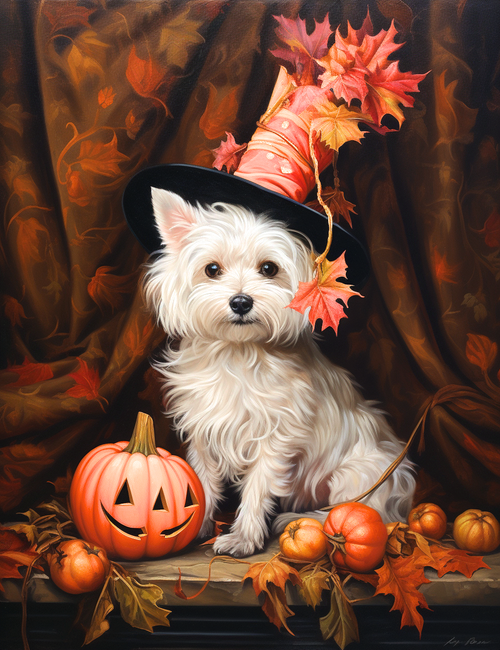 5D Diamond Painting Abstract Leaves and Pumpkins Puppy Kit