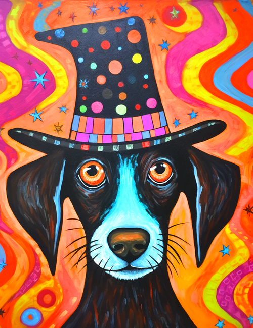 5D Diamond Painting Abstract Witch Hat Black and White Puppy Kit