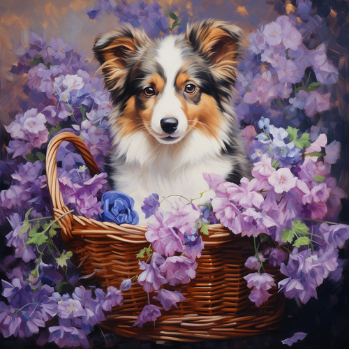 5D Diamond Painting Purple Flower Australian Shepherd Flower Basket Kit