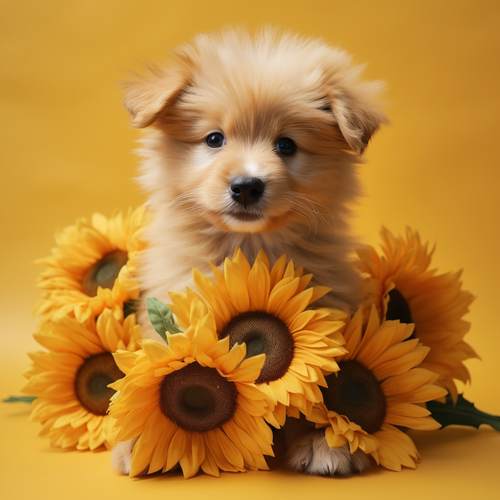 5D Diamond Painting Fluffy Puppy In Sunflowers Kit
