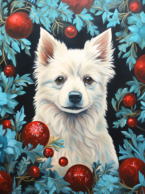 5D Diamond Painting Red Christmas Ball White Puppy Kit