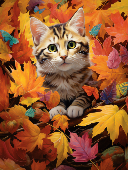 5D Diamond Painting Striped Cat in the Leaves Kit
