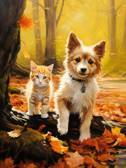 5D Diamond Painting Striped Kitten and Dog Under an Autumn Tree Kit
