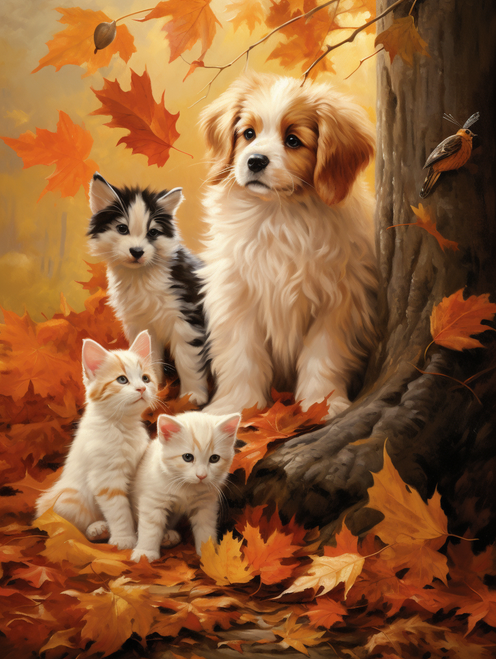 5D Diamond Painting Kittens and Puppies Fall Tree Kit