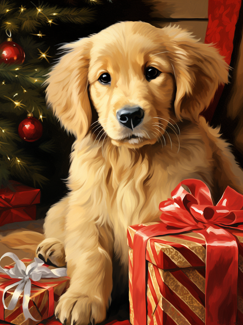 5D Diamond Painting Gold and Red Present Puppy Kit