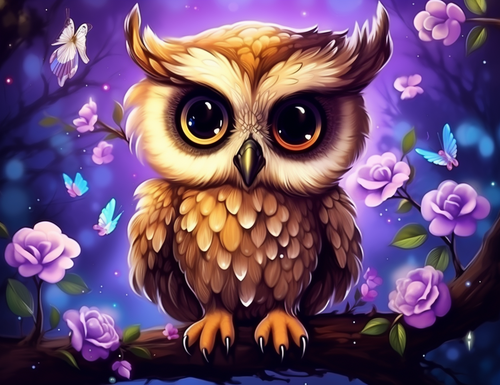 5D Diamond Painting Brown Owl in Purple Flowers Kit