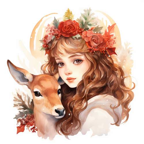 5D Diamond Painting Red Flower Girl and Deer Kit