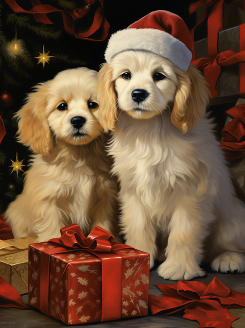 5D Diamond Painting Two Cute Christmas Puppies Kit