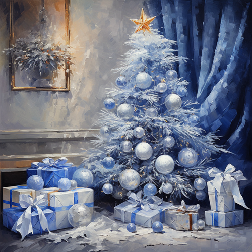 5D Diamond Painting Silver and Blue Christmas Tree Kit