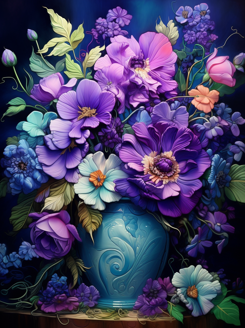 5D Diamond Painting Swirling Blue Vase of Flowers Kit