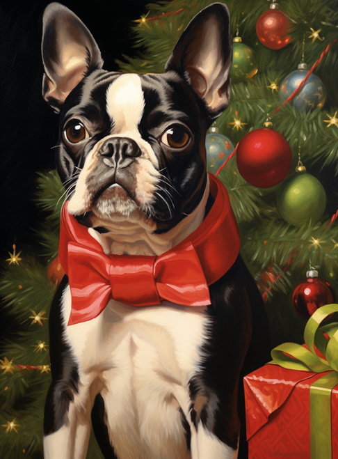 5D Diamond Painting Red Christmas Bow Boston Terrier Kit