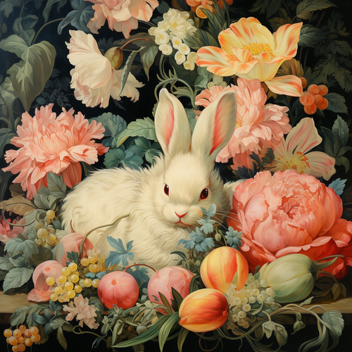 5D Diamond Painting White Bunny Flowers and Fruit Kit