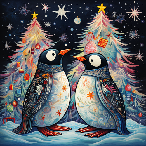 5D Diamond Painting Two Christmas Trees Abstract Penguins Kit