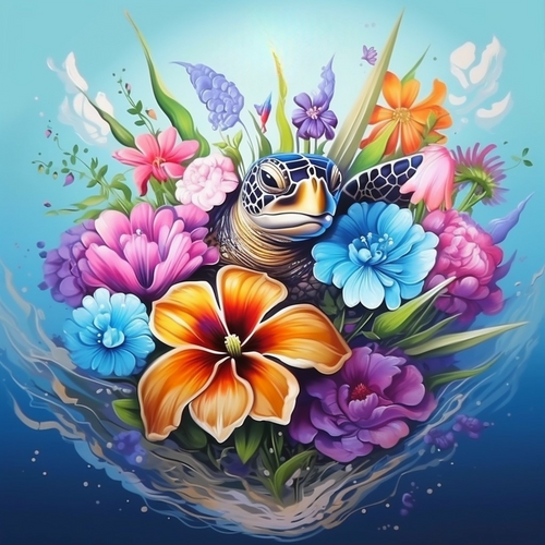 5D Diamond Painting Sea Turtle in Flowers Kit