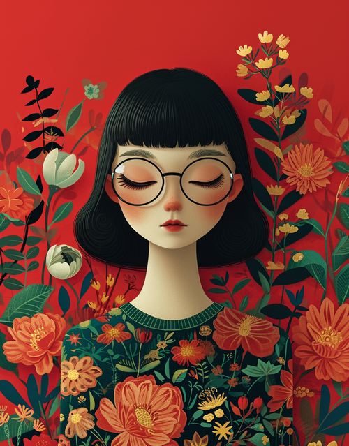 5D Diamond Painting Girl with Glasses and Flowers Kit