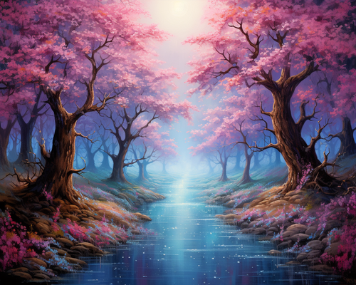 5D Diamond Painting Shimmering Blue River Under Pink Trees Kit