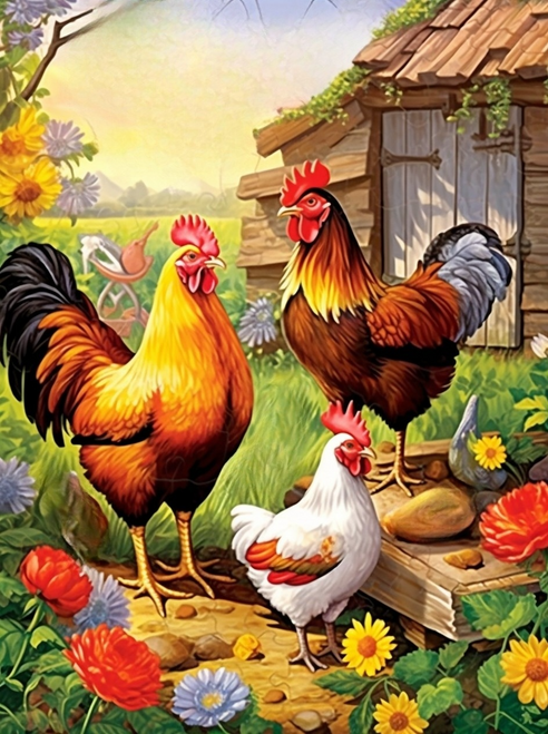 5D Diamond Painting Three Roosters and Flowers Kit