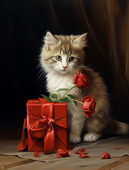 5D Diamond Painting Two Red Roses Kitten and Package Kit