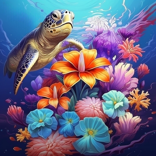 5D Diamond Painting Flowers and Sea Turtle Kit