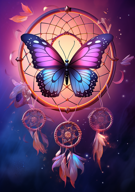 5D Diamond Painting Pink and Blue Butterfly Dream Catcher Kit