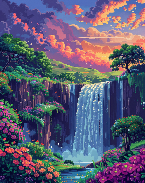 5D Diamond Painting Sunset Waterfalls and Flowers Kit