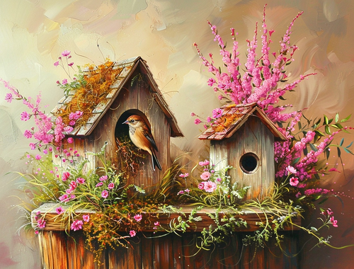 5D Diamond Painting Two Birdhouses and Flowers Kit