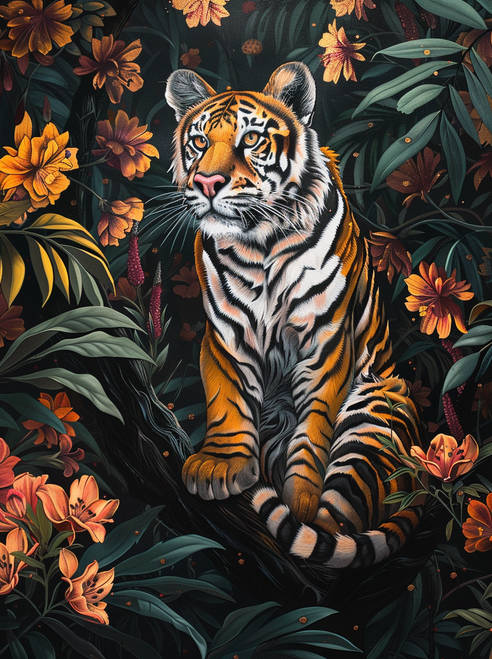 5D Diamond Painting Jungle Flower Tiger Kit