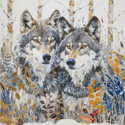 5D Diamond Painting Abstract Gray Wolves and Leaves Kit
